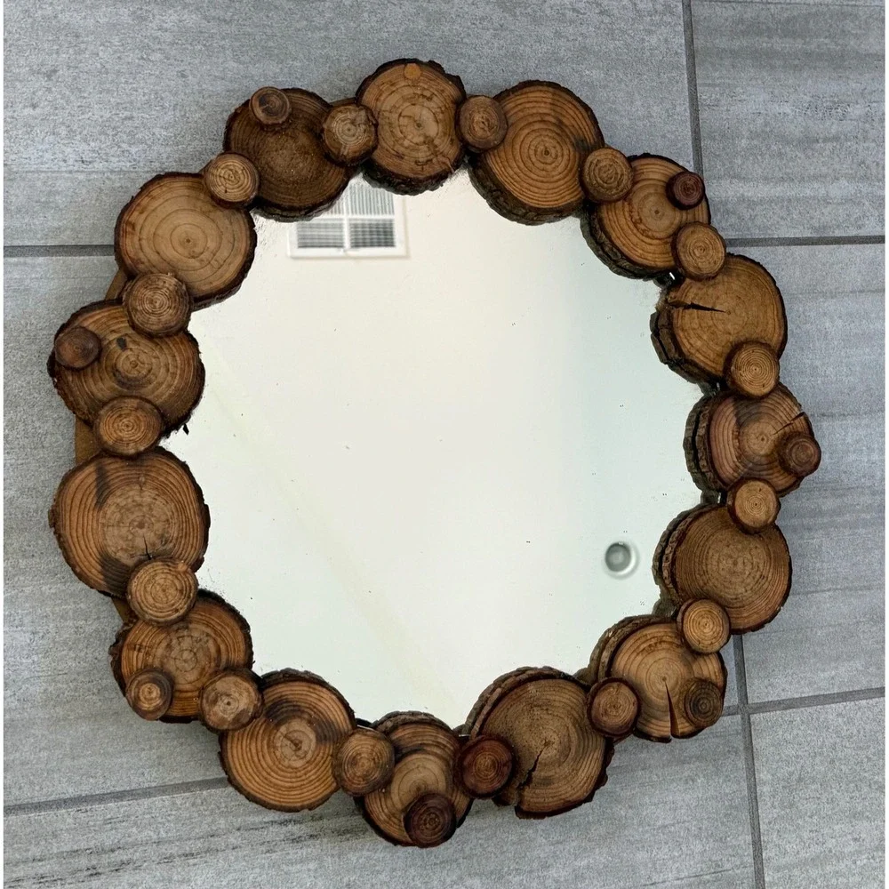 Vtg Rustic Round Wall Mirror Natural Wood Log Slice Frame Tree Ring Cabin Decor